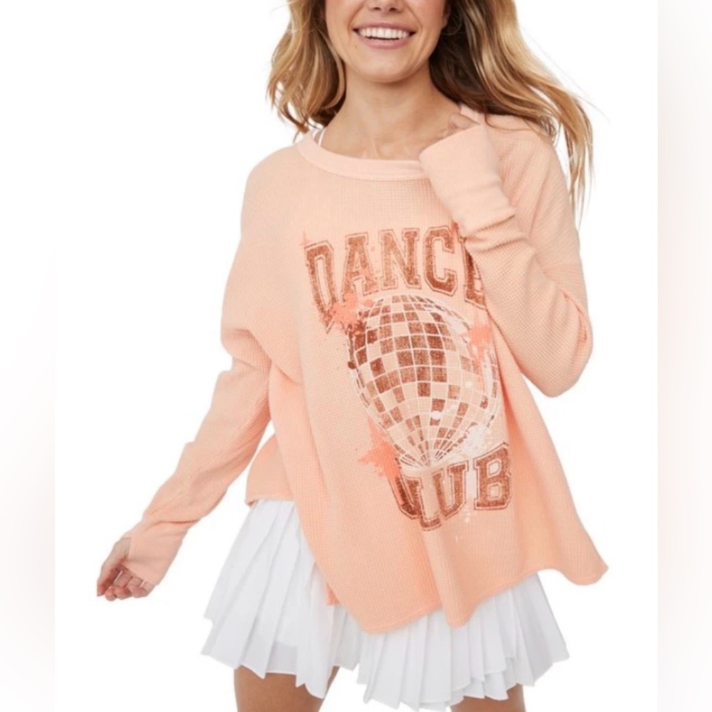 Offline by Aerie Peach Notched Waffle Knit Dance Club Pullover Long Sleeve T XL